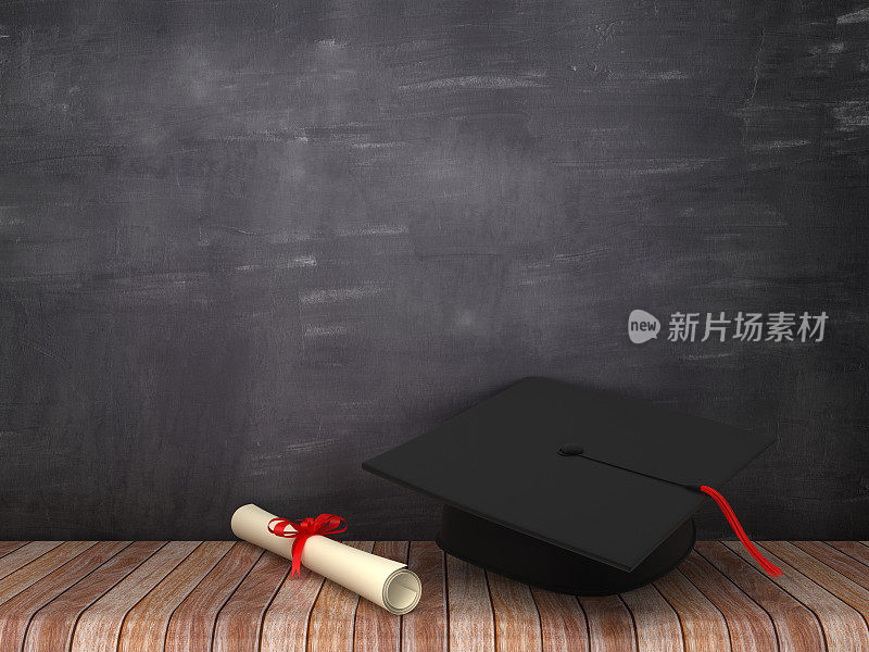 毕业帽在木地板-黑板背景- 3D渲染